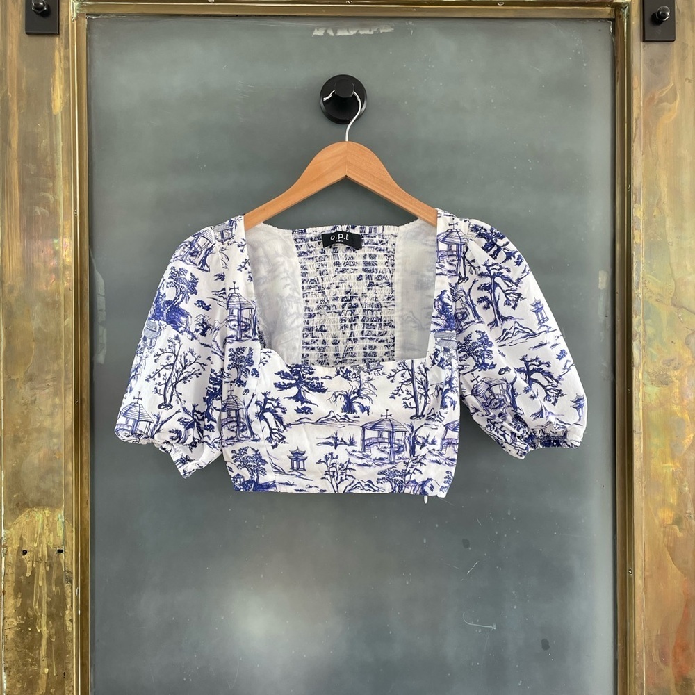 O.P.T Blue Toile Print Crop Top Puff Sleeve Skirt Set Cottagecore Small Anthro - Picture 5 of 10